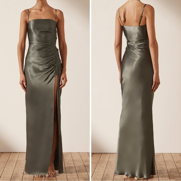 Shona Joy La Lune Olive Satin Ruched High Slit Formal Maxi Dress Gown - Picture 11 of 11